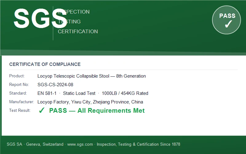 SGS certified collapsible stool 8th generation EN 581-1 1000LB load test PASS Locyop factory Yiwu China