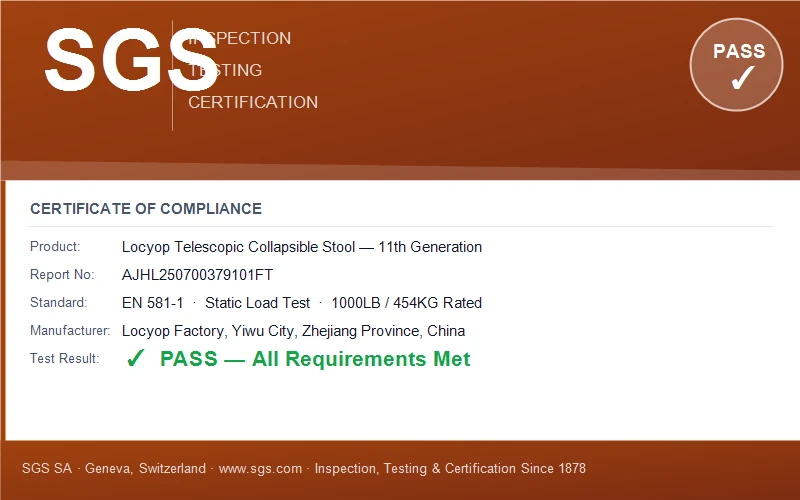 SGS test report 11th generation collapsible stool latest model 1000LB certified EN 581-1 Locyop manufacturer China