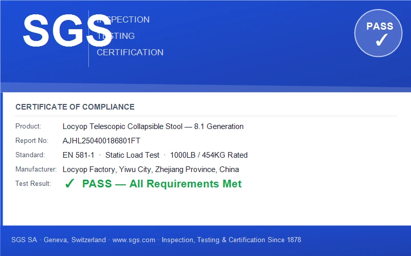 SGS test report collapsible stool 8.1 generation structural integrity certification 1000LB EN 581-1 wholesale manufacturer