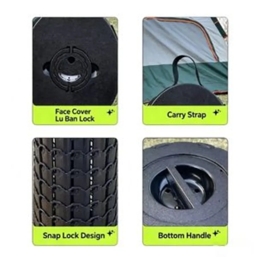 Collapsible Stool 15.0 features: face cover lock, carry strap, snap lock rings and bottom handle