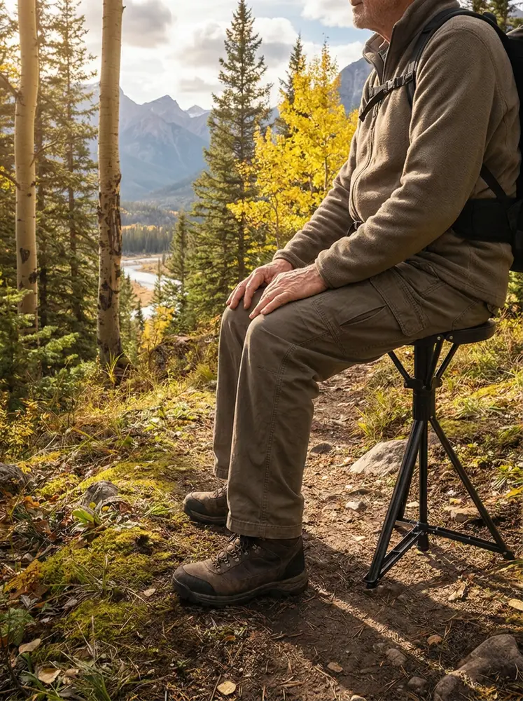 Senior resting on folding cane stool tripod seat while hiking outdoors - walking stick chair for elderly