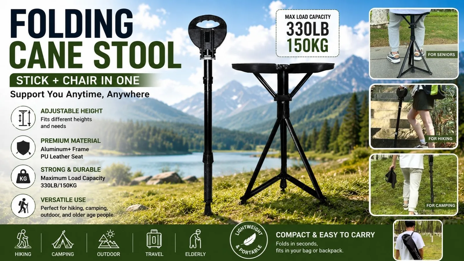 Folding cane stool stick and chair in one - 330lb adjustable height walking cane seat wholesale from Yiwu China