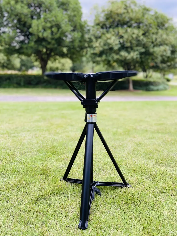 Folding cane stool opened as tripod seat with stable three-leg base - aluminum walking cane chair