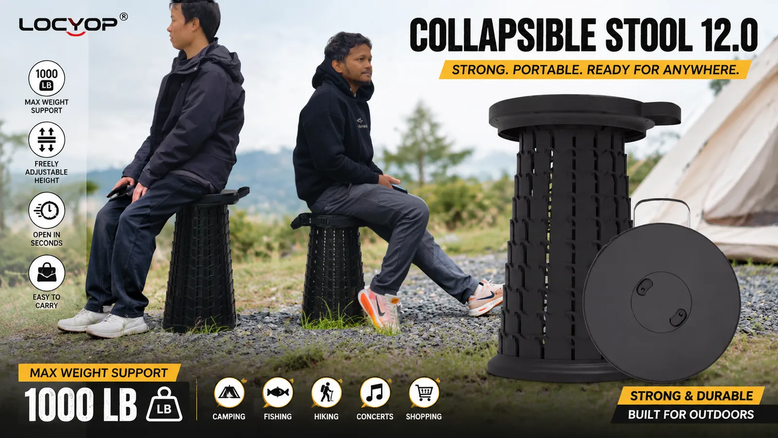 Collapsible Stool 12.0 - 1000 LB max weight support telescopic stool, strong portable ready for anywhere - wholesale from Yiwu China