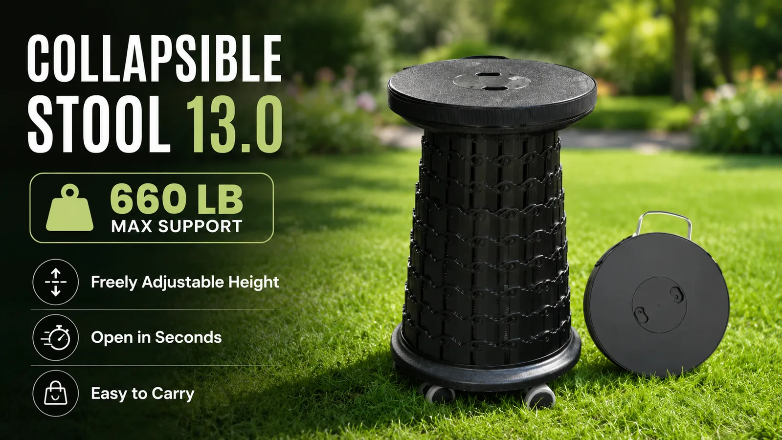 Collapsible Stool 13.0 - 660 LB max support wheeled telescopic stool, freely adjustable height - wholesale from Yiwu China