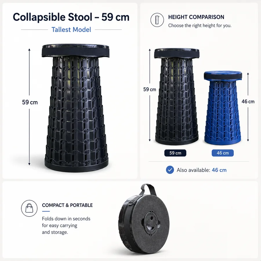 Collapsible Stool 14.0 - 59cm tallest model, height comparison with 46cm option, compact portable design