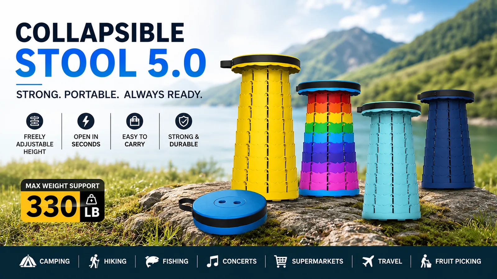 Collapsible Stool 5.0 - 330 LB max weight support, freely adjustable height, strong and durable telescopic stool - wholesale from Yiwu China