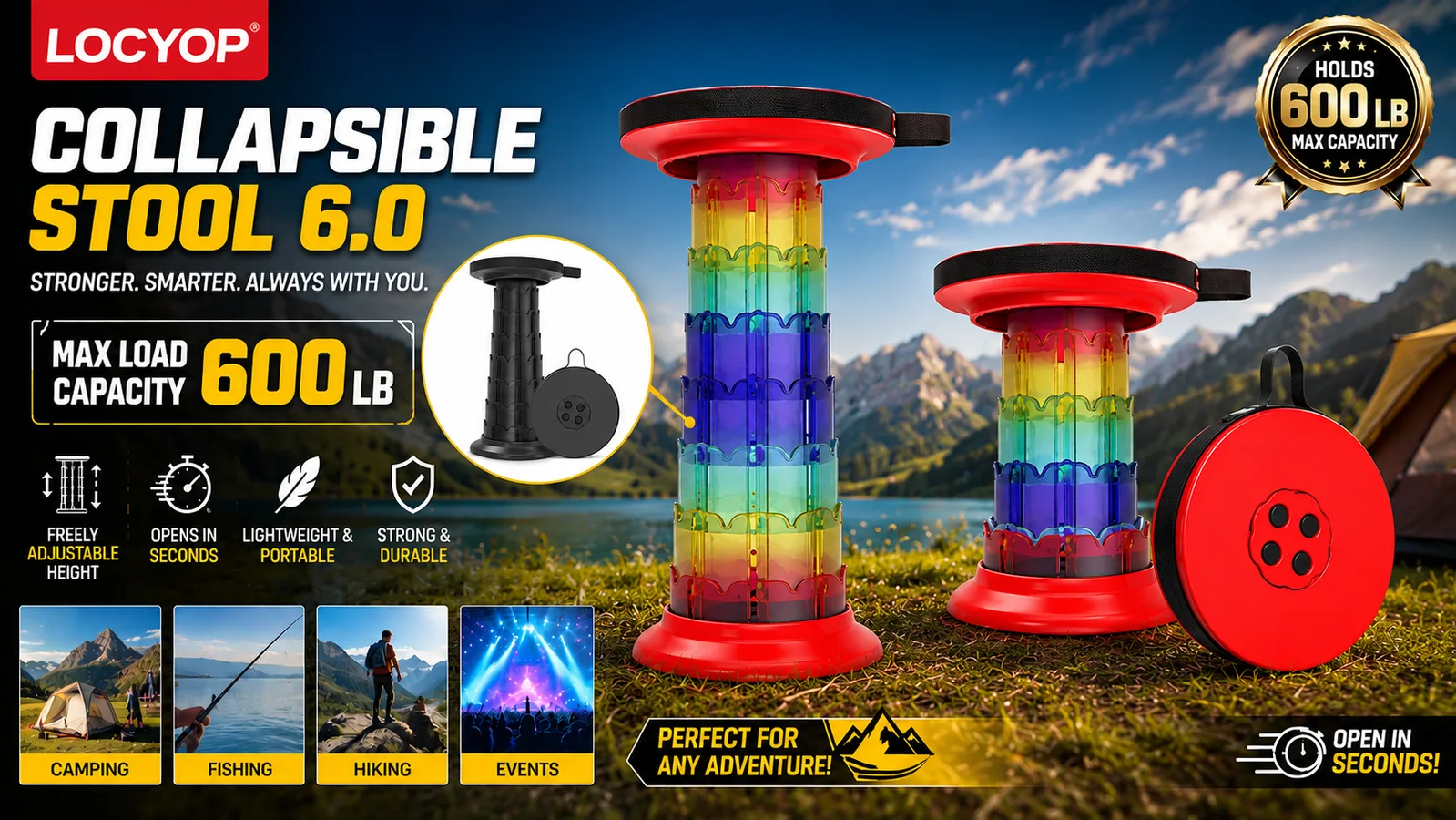 Collapsible Stool 6.0 - 600 LB max load capacity, freely adjustable height, opens in seconds, lightweight and durable - wholesale from Yiwu China
