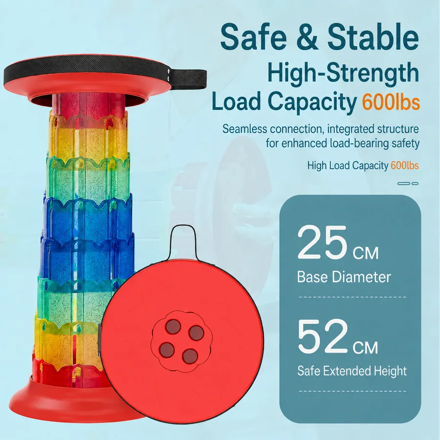 Collapsible Stool 6.0 safe and stable 600 LBS high-strength load capacity - 25cm base diameter, 52cm extended height - wholesale from Yiwu China