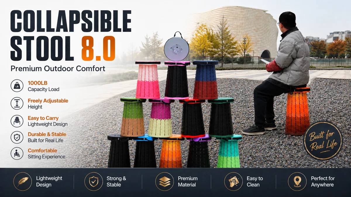 Collapsible Stool 8.0 - 1000LB capacity, premium outdoor comfort, colorful stool stack, factory direct from Yiwu China