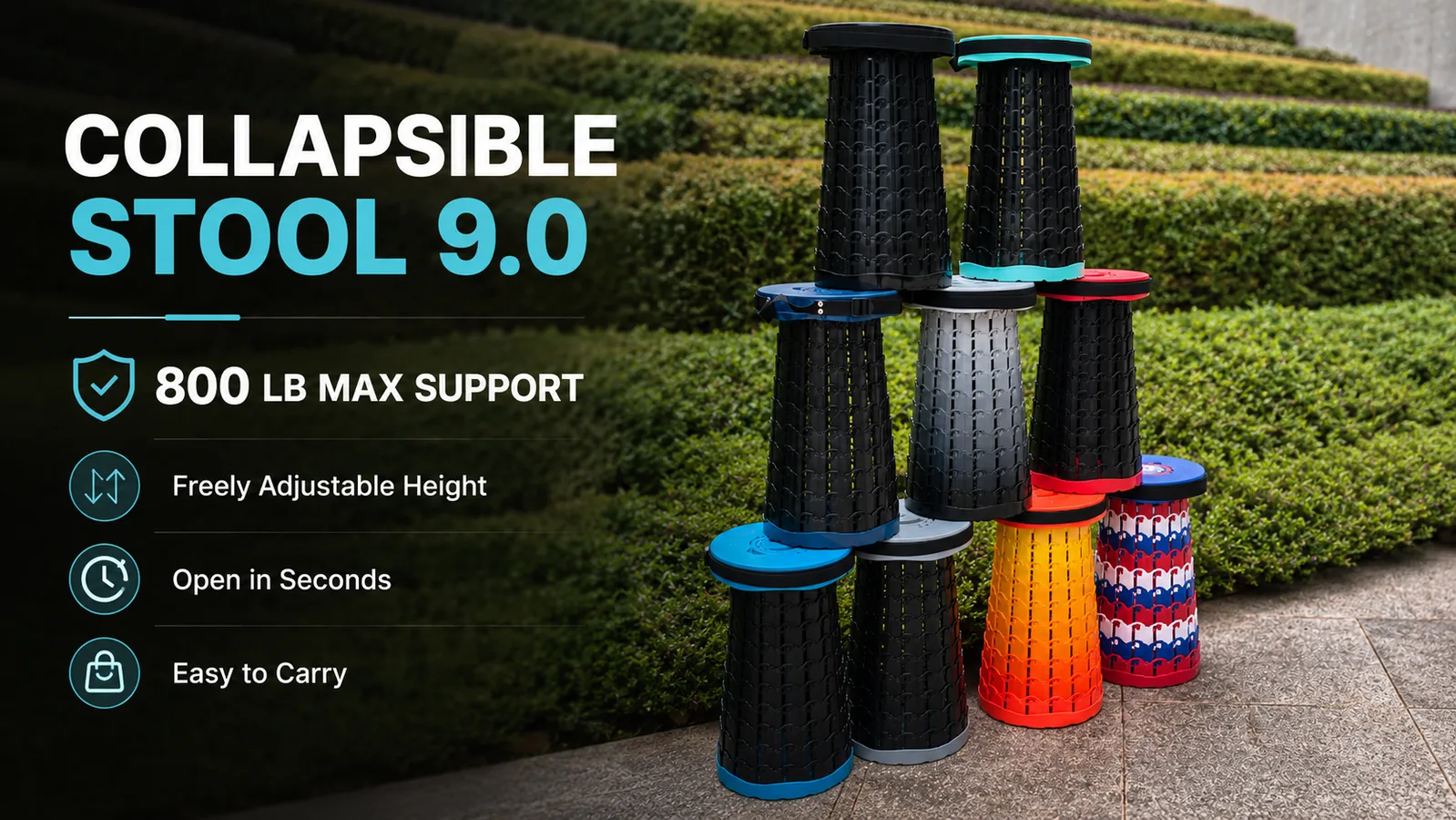 Collapsible Stool 9.0 - 800 LB max support telescopic stool, freely adjustable height, multiple colors available - wholesale from Yiwu China