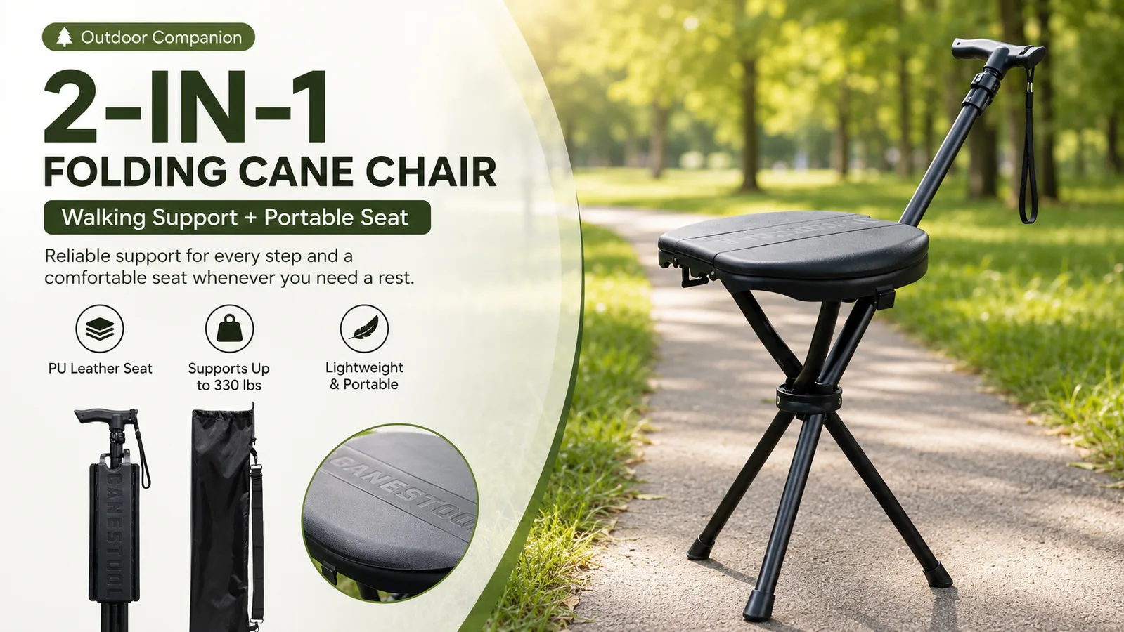 Folding Cane Chair 2-in-1 outdoor companion - portable walking stick and seat combo for camping travel and outdoor use
