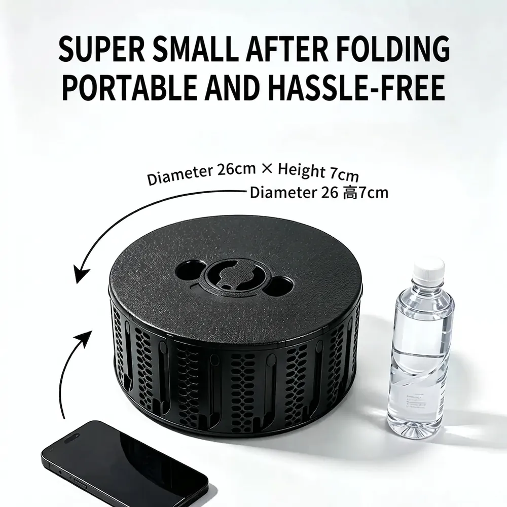 33.0 Gen collapsible stool folded compact – diameter 26 cm, portable and space saving, shown next to a phone and water bottle
