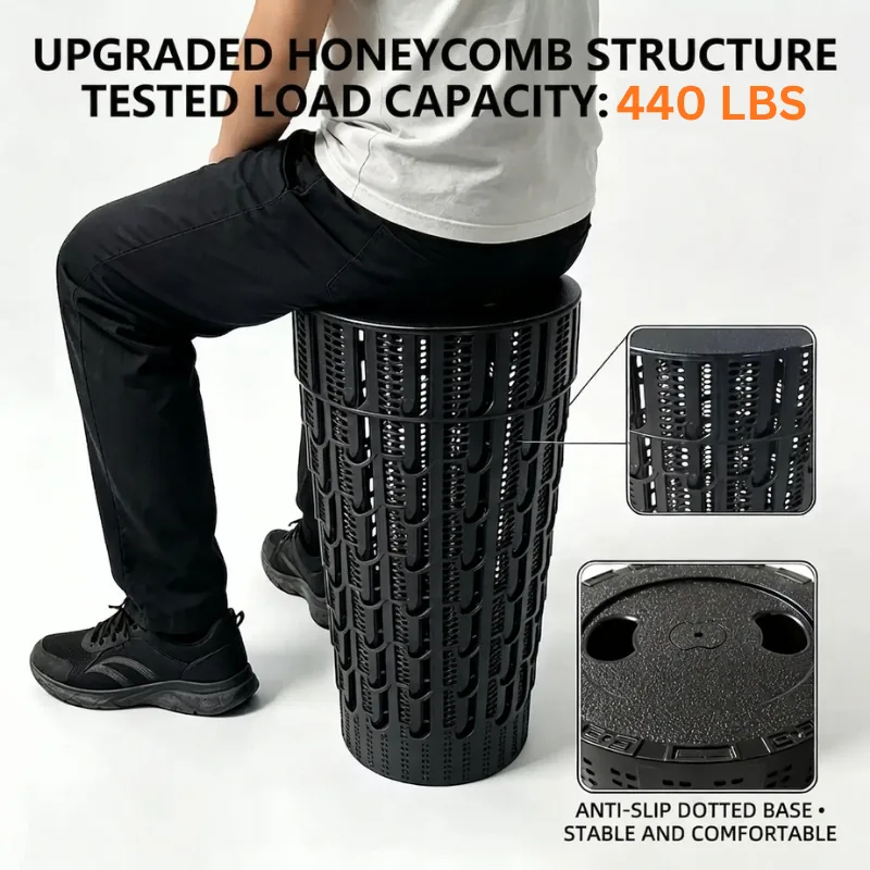 33.0 Gen collapsible stool with upgraded honeycomb structure, load tested to 440 lbs, anti-slip dotted base – stable and comfortable seating