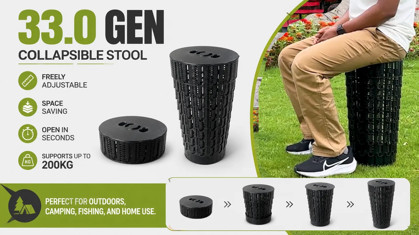 33.0 Gen collapsible stool wholesale – freely adjustable height, space saving, opens in seconds, supports 200 kg